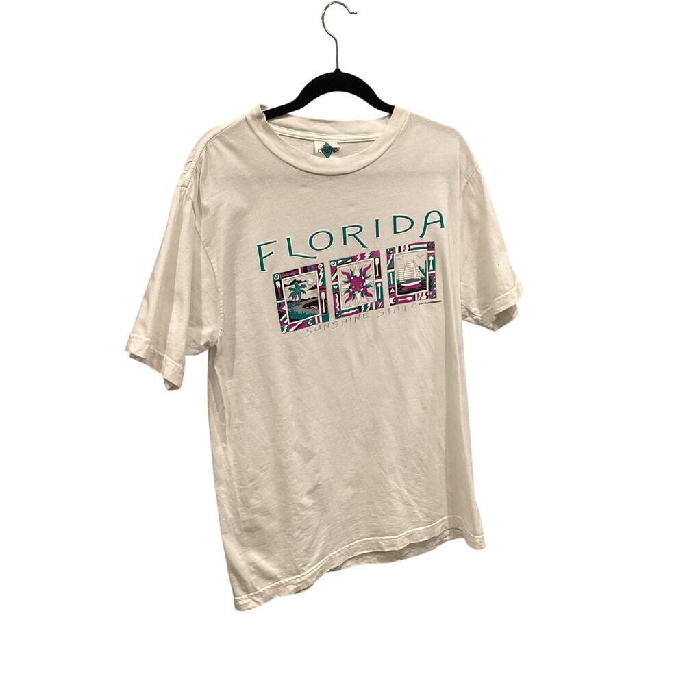 Vintage Florida T-shirt Tee White Aztec Native Sailing Boat 80s 90s White Teal L